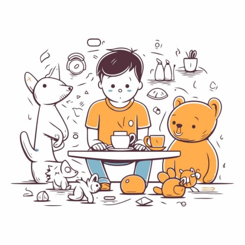 Cute little boy drinking tea with his dogs.