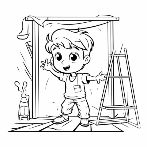 Cartoon Illustration of Cute Little Boy Painting the Wall for Co