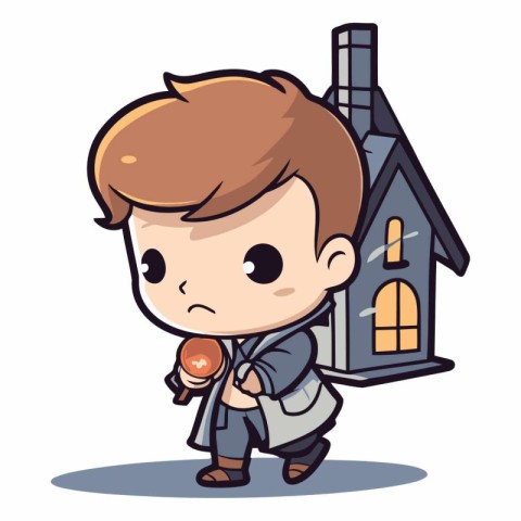 Cute boy and house. Isolated on white background.