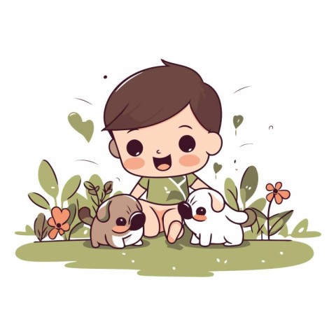 Cute little boy playing with dogs in the garden.