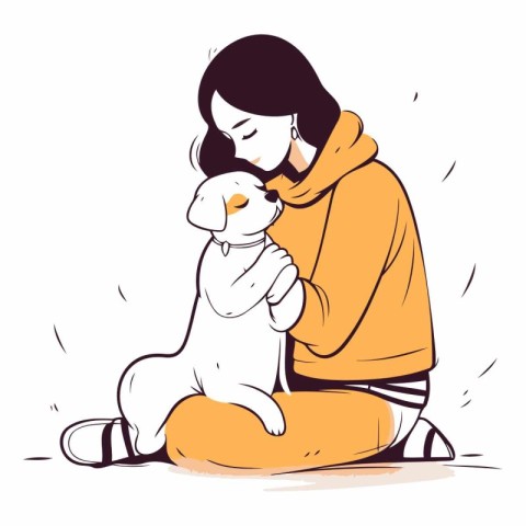 Vector illustration of a girl in a yellow coat with a dog.