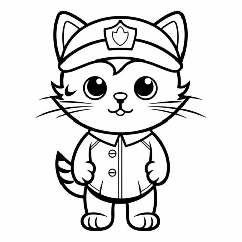 Black and White Cartoon Illustration of Cute Cat Police Officer