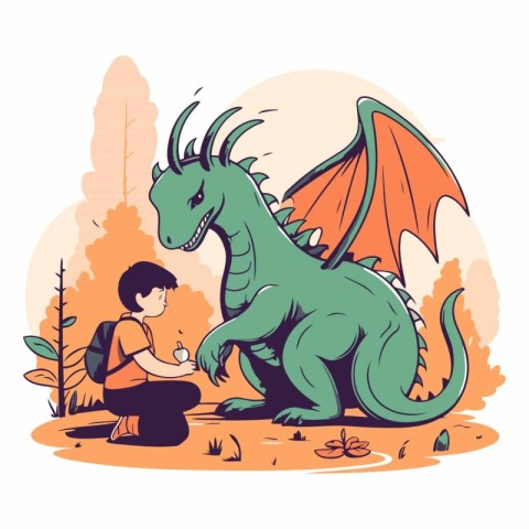 Little boy with a backpack and a dragon in the forest