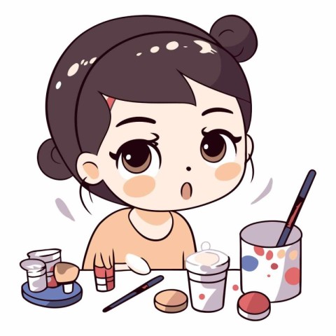 Illustration of a Cute Girl Posing with Makeup Tools