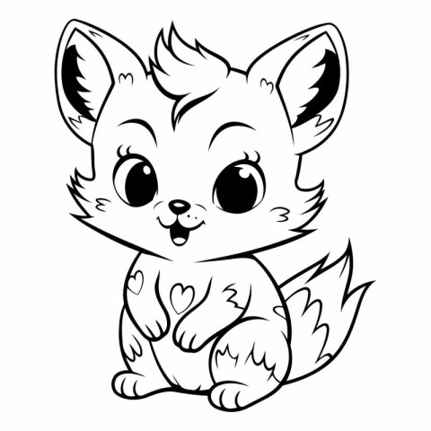 Cute Fox - Black and White Cartoon Illustration. Vector Art