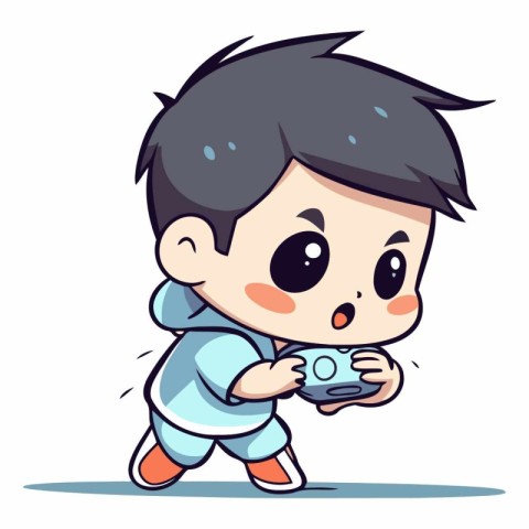 Cute little boy playing video game in cartoon style.