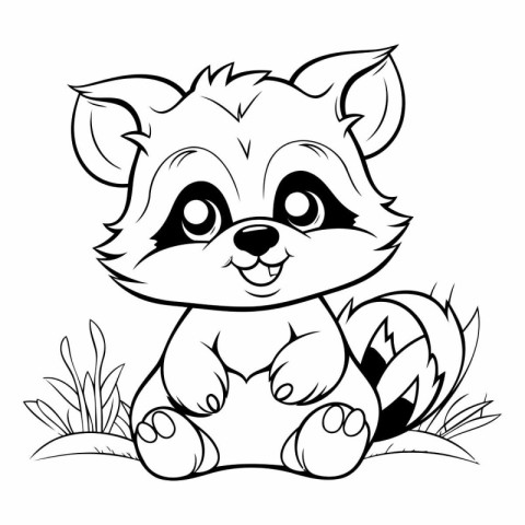 Cute cartoon raccoon sitting on the grass.