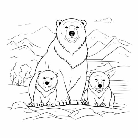 Polar bear family with cubs in black and white colors.