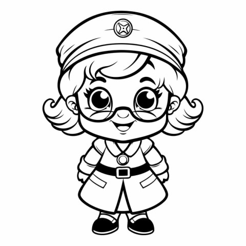 Black and White Cartoon Illustration of Cute Little Girl Pilot C