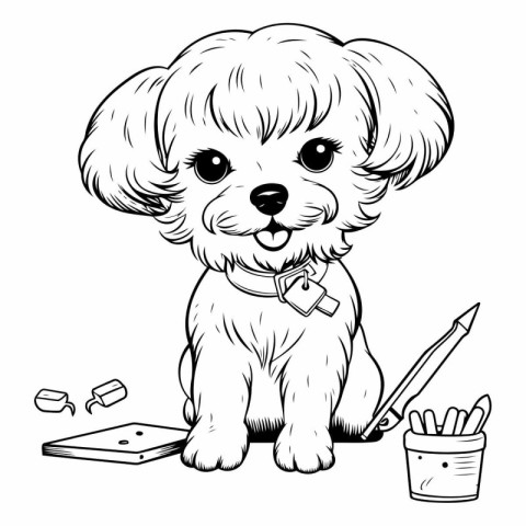 Cute little dog with a brush and pencil.