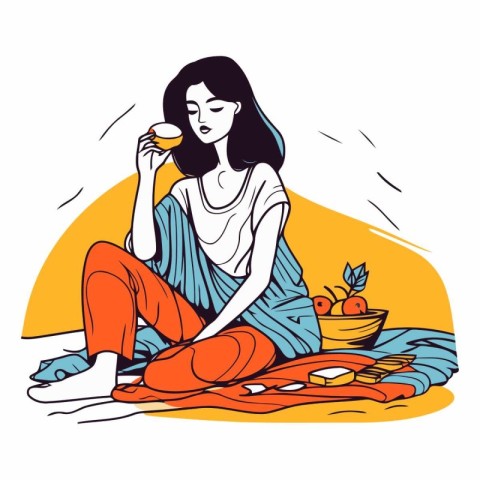 Vector illustration of a beautiful young woman sitting on the be