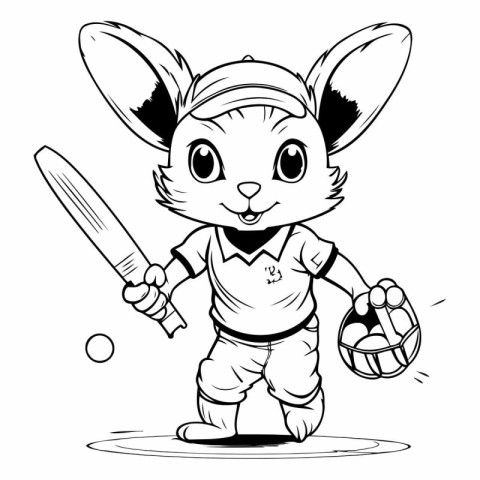 rabbit playing cricket - black and white vector illustration for