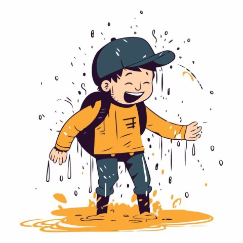 Funny cartoon boy in raincoat and cap.