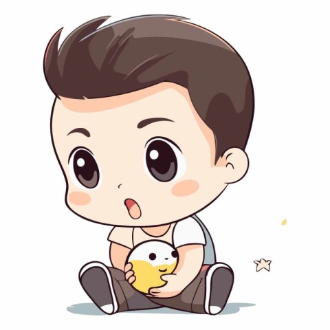 Cute little baby boy sitting and holding a chicken.