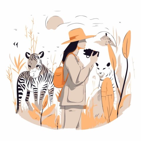 Vector illustration of a woman in a hat with a dog and zebra.