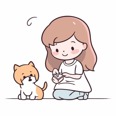 Little girl playing with her dog. Cute cartoon vector illustrati