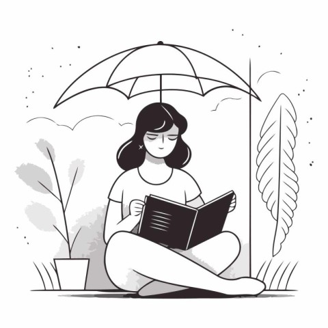 Girl reading a book under an umbrella in the park.