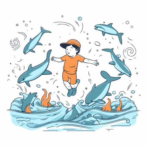 Little boy jumping in the water with dolphins in doodle style.