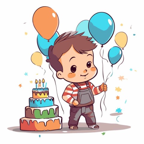 Cute little boy with birthday cake and balloons.