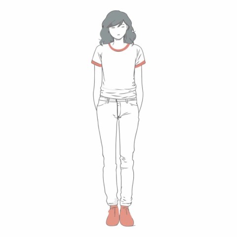 Vector illustration of a girl in a white T-shirt and jeans