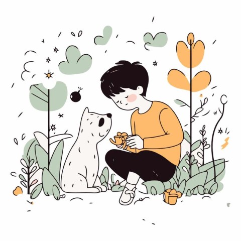 Vector illustration of a boy playing with a dog in the garden.