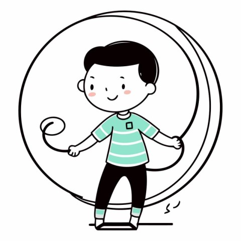 A boy standing in front of a round mirror.