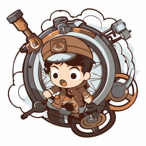 Boy in a military uniform on a motorcycle. Cartoon vector illust