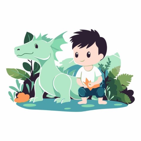 Cute little boy playing with a dragon in the garden.