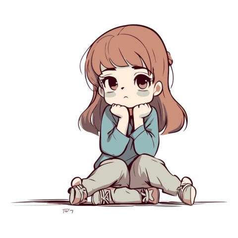 Illustration of a cute little girl sitting on the floor and thin