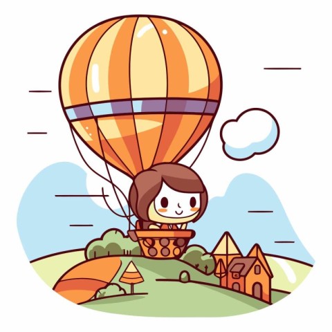 Cute cartoon girl flying on hot air balloon.