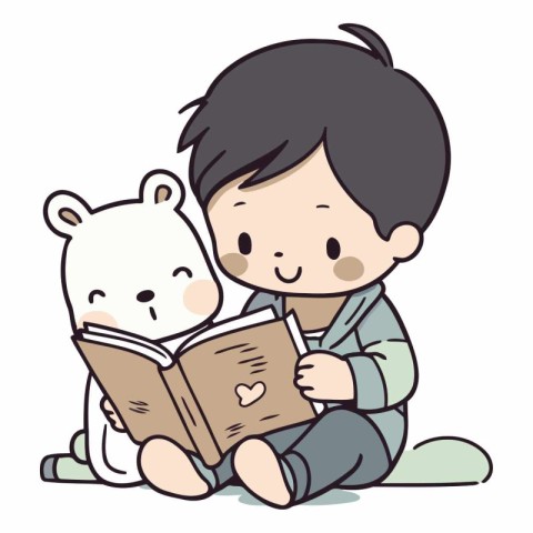 Illustration of a Kid Boy Reading a Book with a Polar Bear