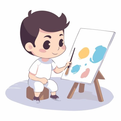 Cute little boy painting on easel. vector cartoon illustration.