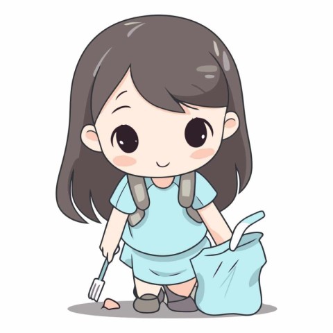 Cute little girl with shovel and trash bag.