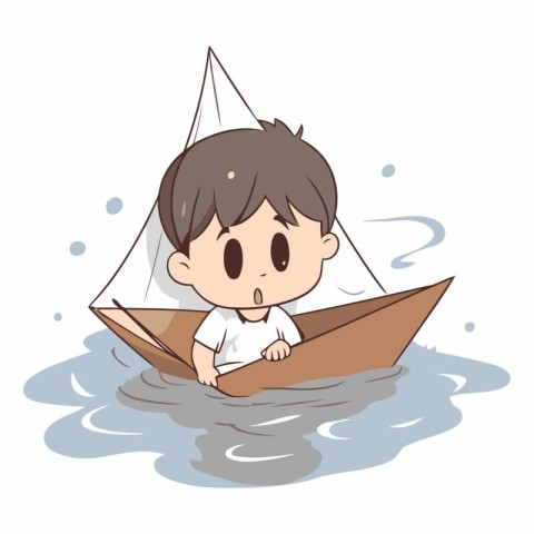 Boy riding a paper boat of a boy sailing in a paper boat.