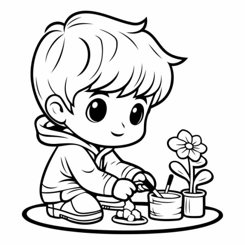 Boy painting flower on table - Coloring book.