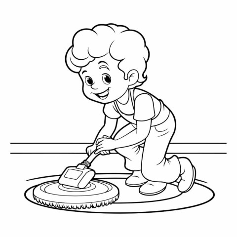 Coloring Page Outline Of a boy polishing the floor with a brush