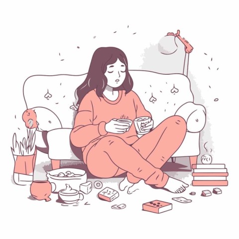 Illustration of a girl sitting on the couch and drinking tea.