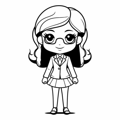 Black and White Cartoon Illustration of Cute Little Girl Student