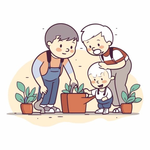 Grandmother and grandson planting flower in the garden.