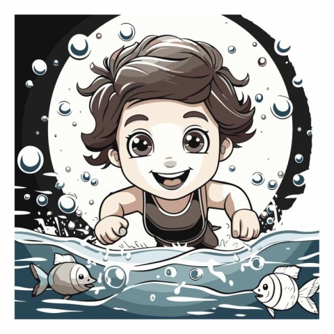 Cartoon little boy swimming in the ocean for your design