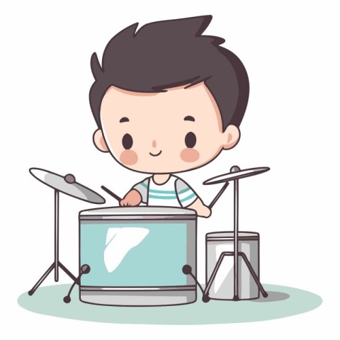 cute boy playing drum set on white background vector illustratio