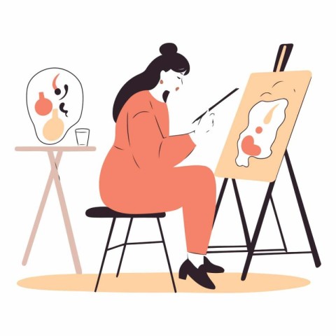 Woman artist painting picture on easel. Flat style vector illust