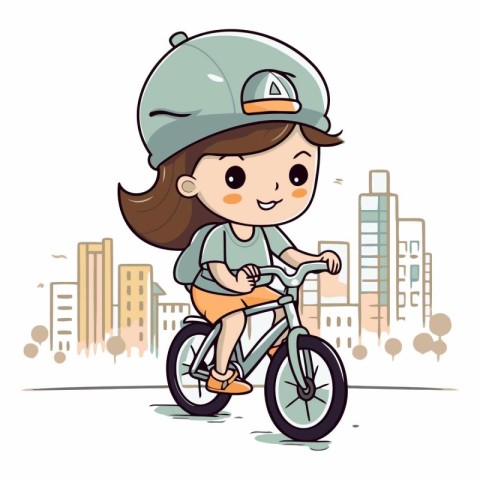 Girl in helmet riding bicycle on the city street.