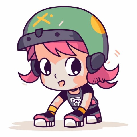 Cute cartoon girl in a helmet with headphones.