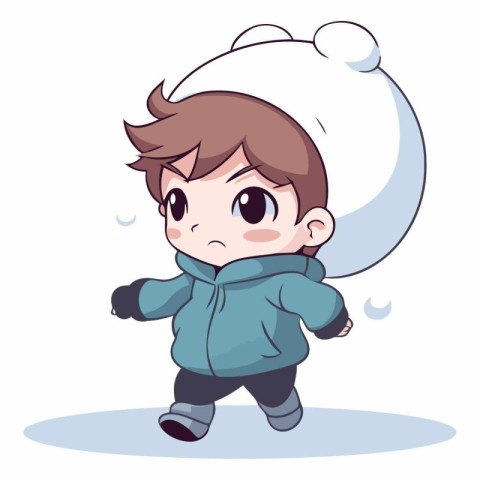 Cute little boy in winter clothes in cartoon style.