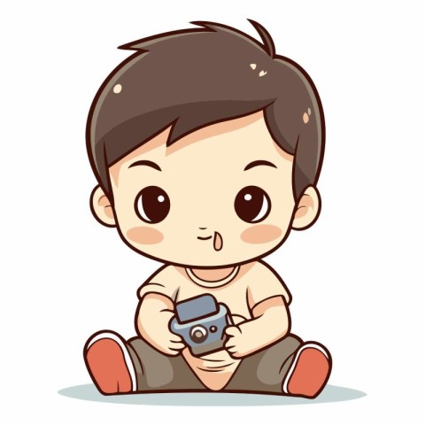 Cute little boy playing with a camera. Vector cartoon illustrati