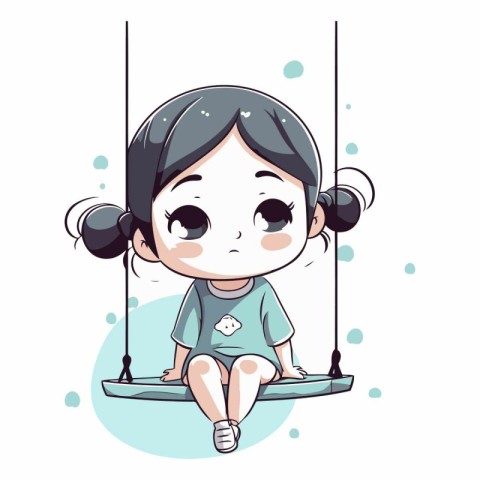 Cute little girl sitting on swing in cartoon style.