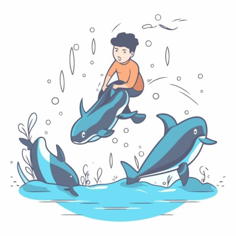 Vector illustration of a boy jumping with a dolphin on the river