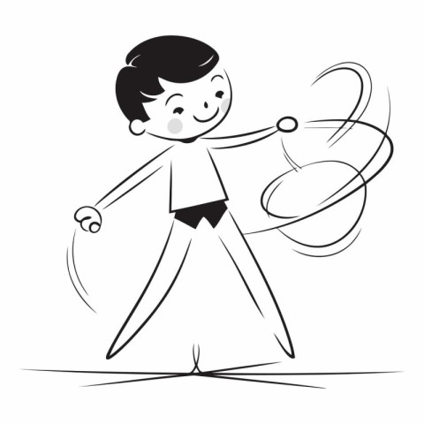 Boy gymnast with a ball. Black and white vector illustration.