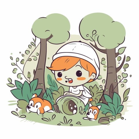 Cute little boy playing with foxes in the forest.